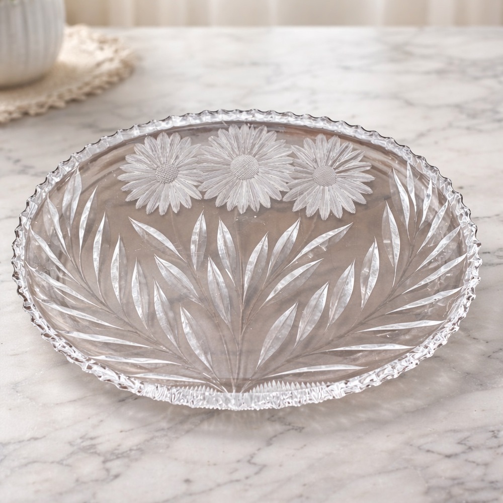 Vintage Cut Glass Oval Serving Platter Floral Etched 10”